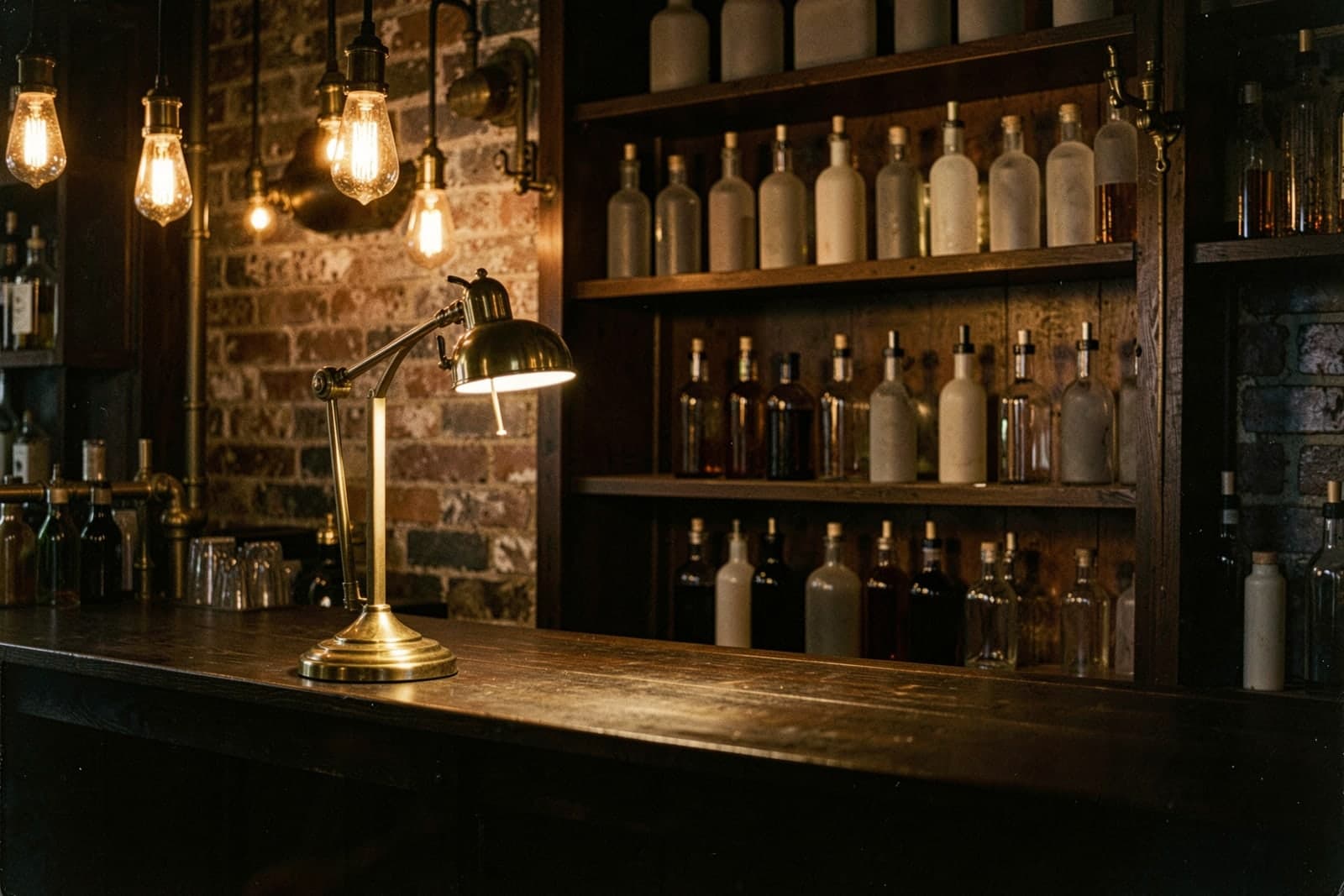 A brass lamp on the back bar beside shelves of bottles