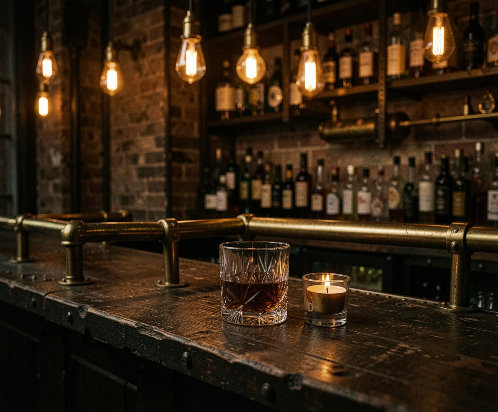 A glass of whiskey and a candle on a dark wooden bar top