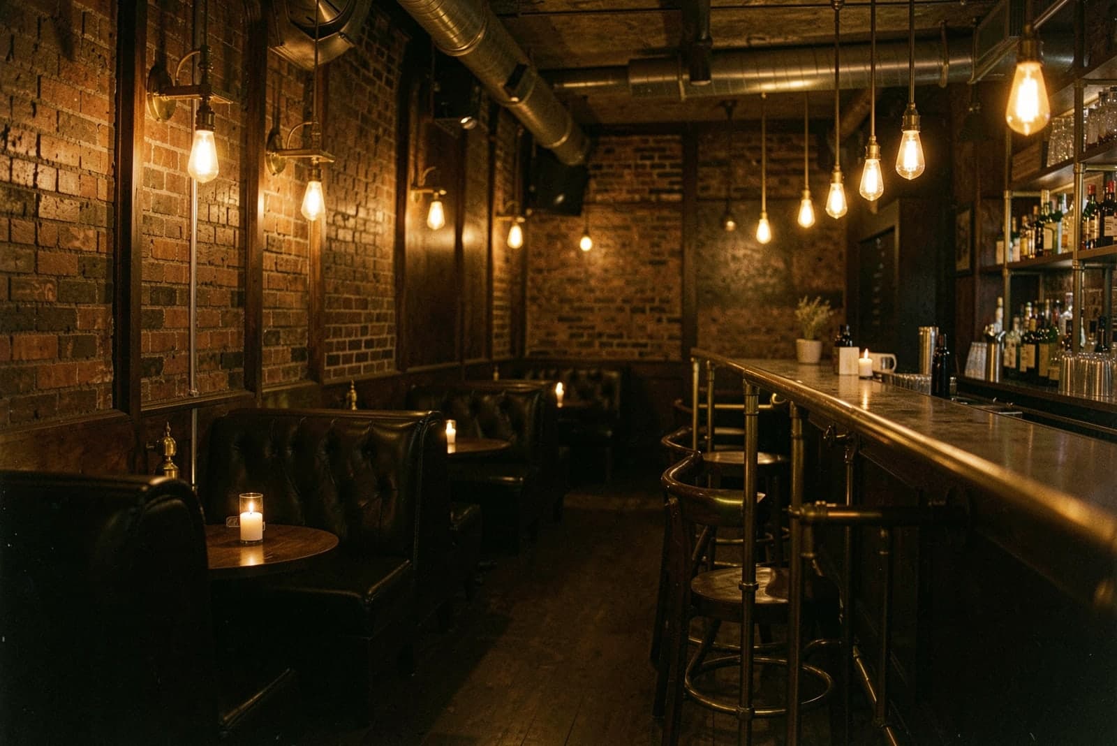 A quiet bar room with leather booths and candles