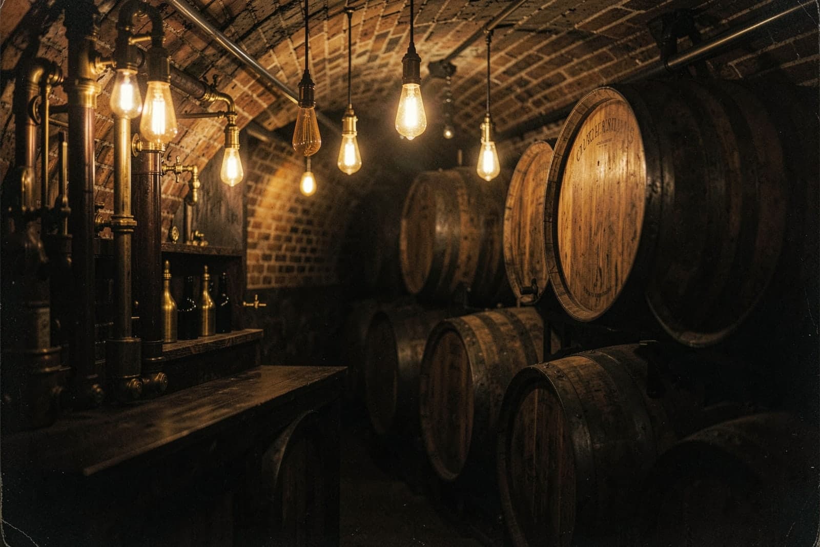 Oak casks stacked in a brick cellar