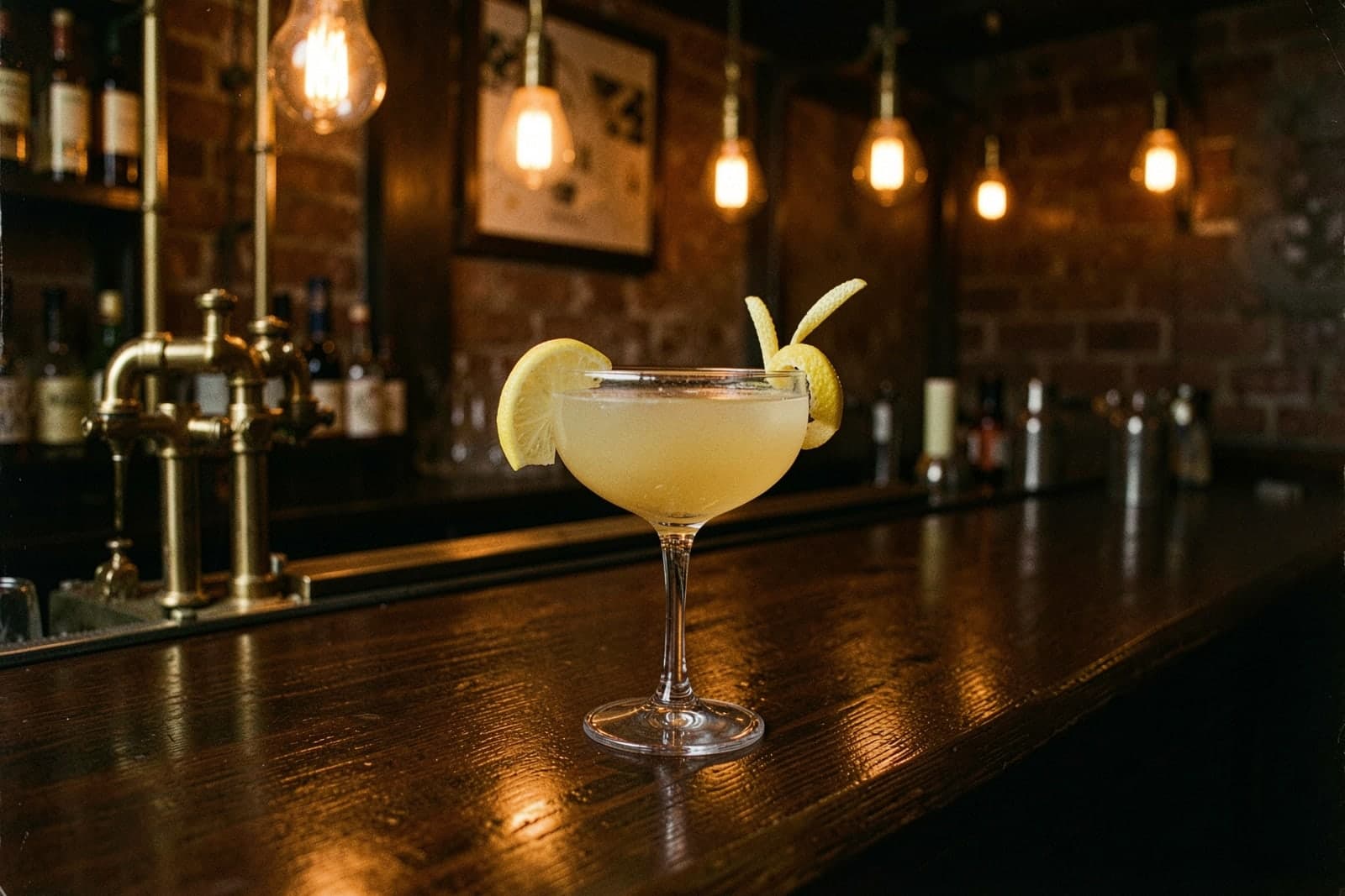 A coupe cocktail with a lemon twist on a polished bar