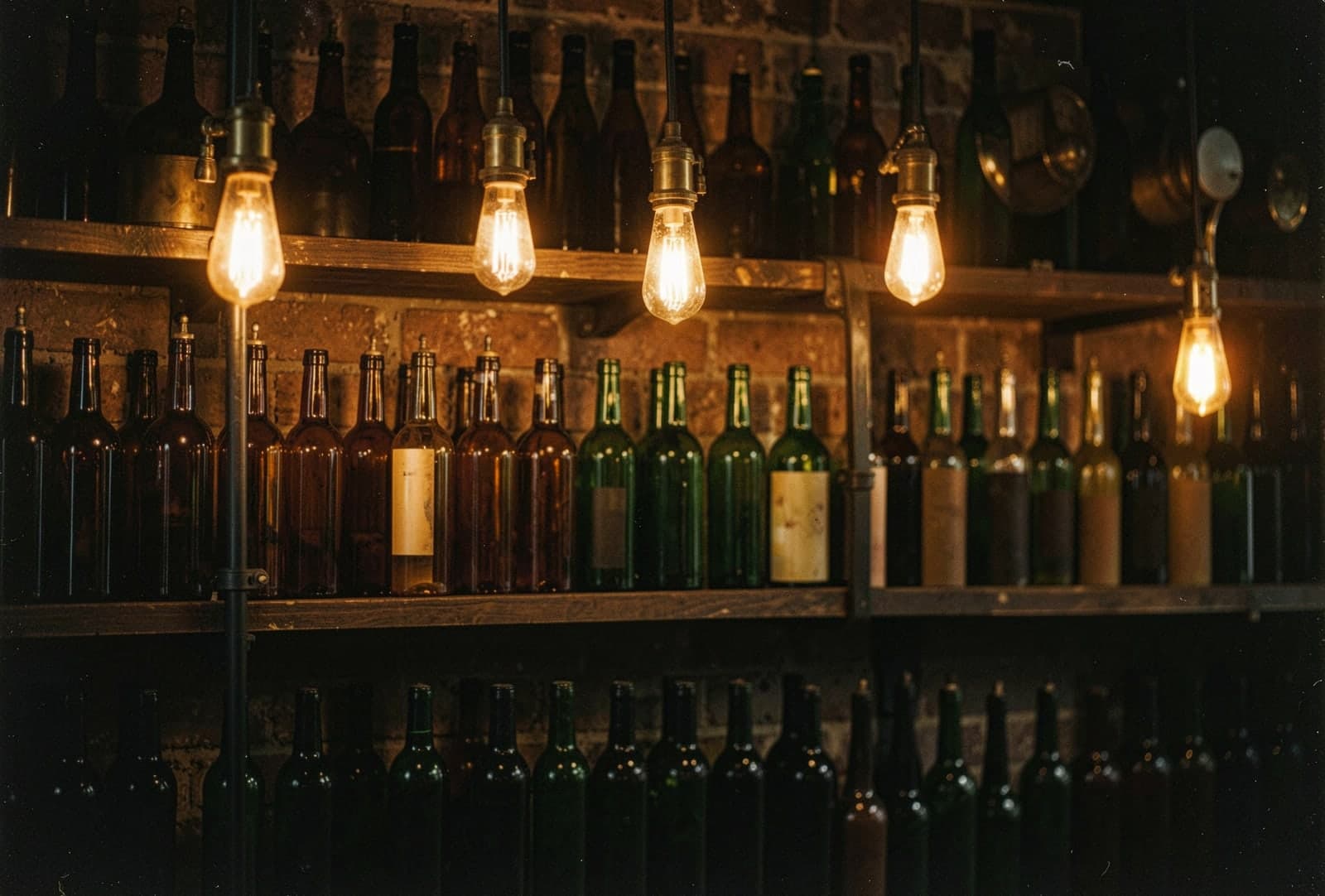 Wooden shelves of bottles under hanging bulbs